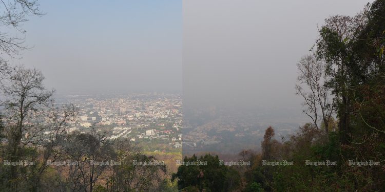 ဒွိုင်ဆူထက်တောင်ပေါ်မှနေ၍ ချင်းမိုင်မြို့ကို မတ်လ ၅ ရက်နေ့ (PM 2.5 အဆင့် ၇၀ ဒသမ ၉) နှင့် မတ်လ ၁၀ ရက်နေ့ (PM 2.5 အဆင့် ၁၁၄ ဒသမ ၄) တို့က မြင်ရပုံကို နှိုင်းယှဉ်ပြထားစဉ် / Gary Boyle