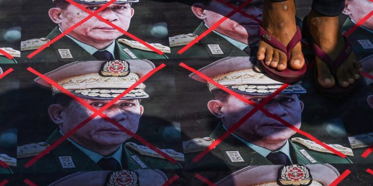 ၂၀၂၁ ခုနှစ် ဖေဖော်ဝါရီ စစ်အာဏာသိမ်းဆန့်ကျင်ရေး လှုပ်ရှားမှုတခု / AFP