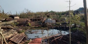 မေလ ၁၄ ရက် မိုခါဆိုင်ကလုန်းကြောင့် မြောက်ဦးမြို့နယ်ရှိ ကျေးရွာတရွာ ပျက်စီးနေစဉ်